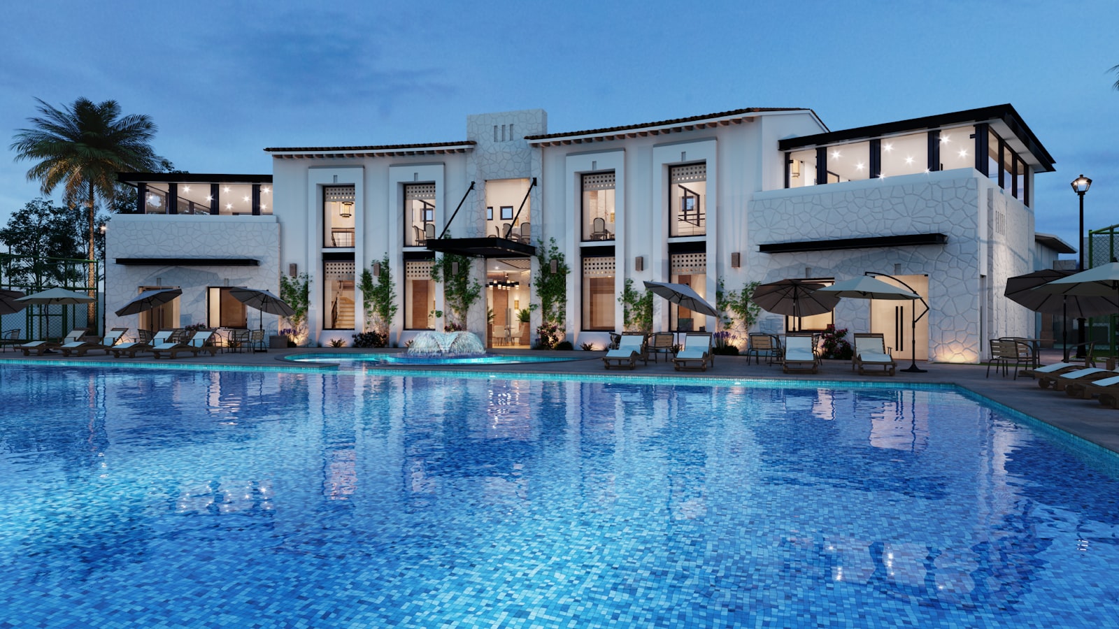 Luxury hotel pool at dusk