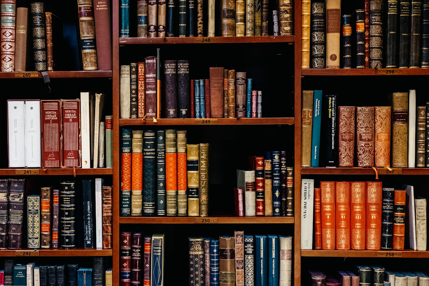 Law-library shelves lined with numbered rows of bound legal volumes