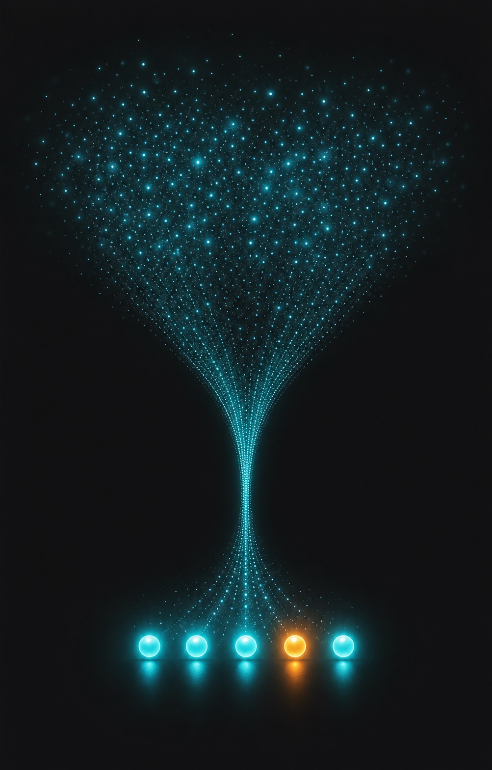 A funnel of light particles narrowing into a row of bright qualified-lead orbs