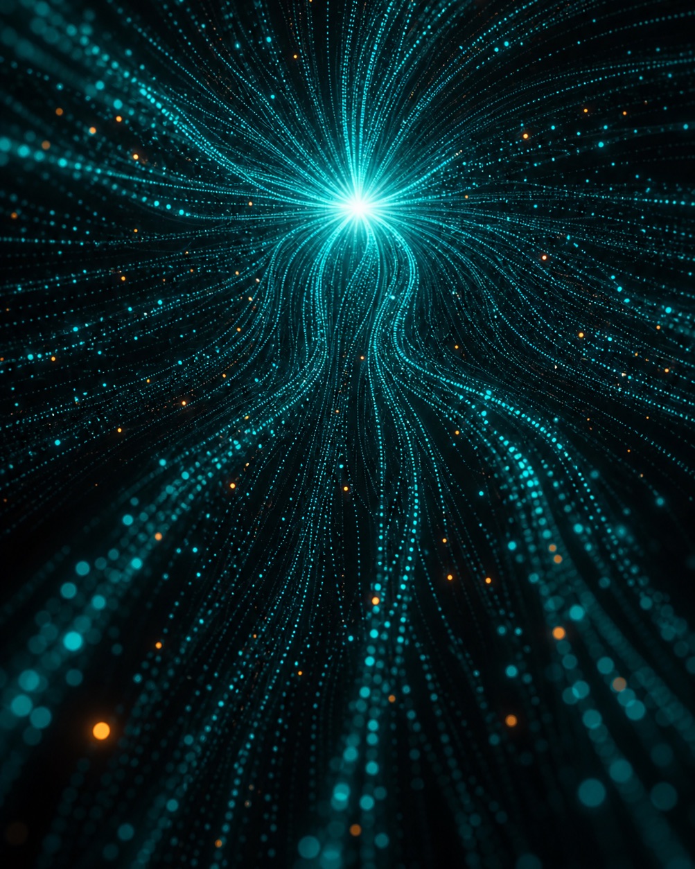 Streams of teal light converging into a bright focal point — visitors surging into the funnel